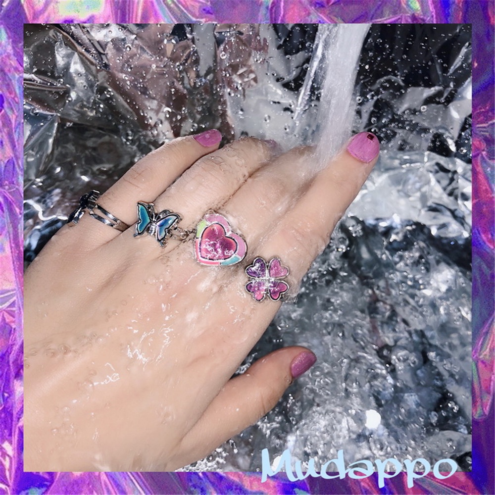 【COD Tangding】Adjustable Glow-in-the-night Peach Heart Love Butterfly Moon Pentacle Sense of Temperature Mood Color Ring
