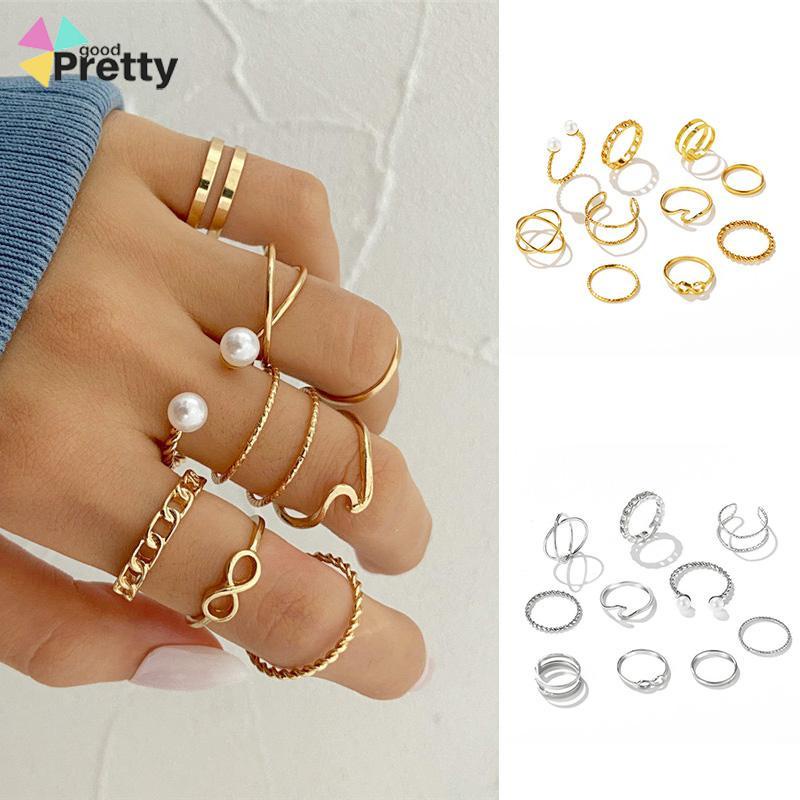 10 Buah Set Wanita Kreatif Sederhana Manik-manik Ganda Cincin Gabungan Geometri Gelombang Mutiara - PD