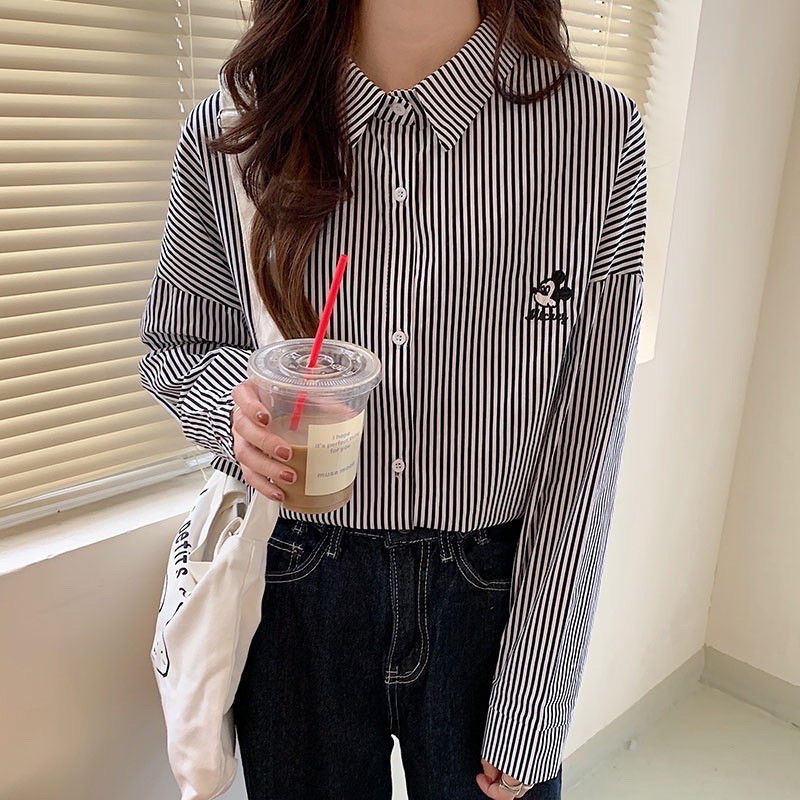 blouse atasan kemeja casual wanita / kemeja  wanita terbaru / kemeja stripe / kemeja korea mickey ( K1252 )