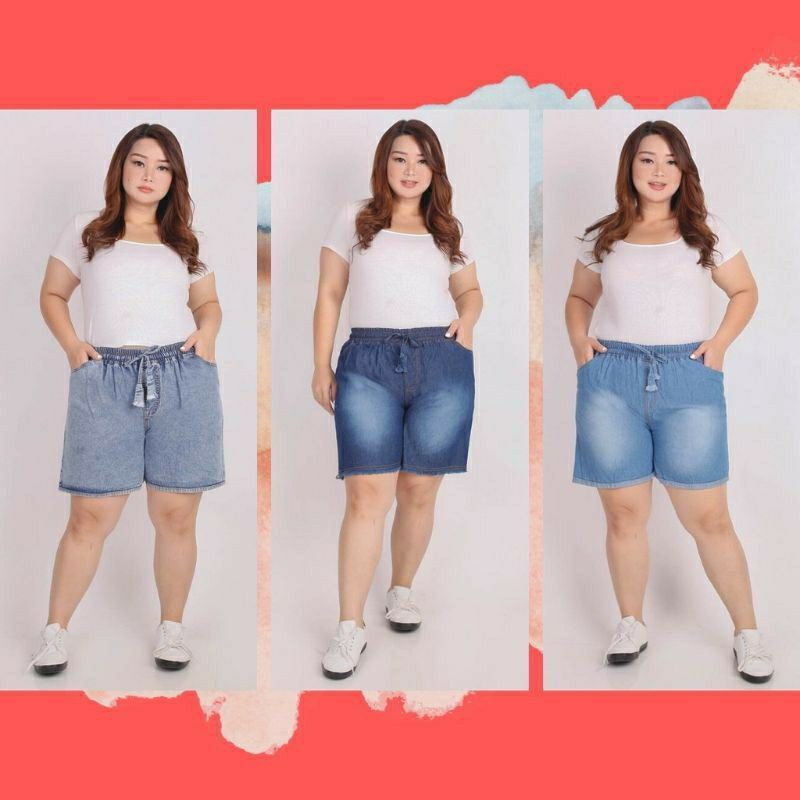 celana pendek jumbo wanita hotpant jumbo jeans pendek pinggang kolor big size