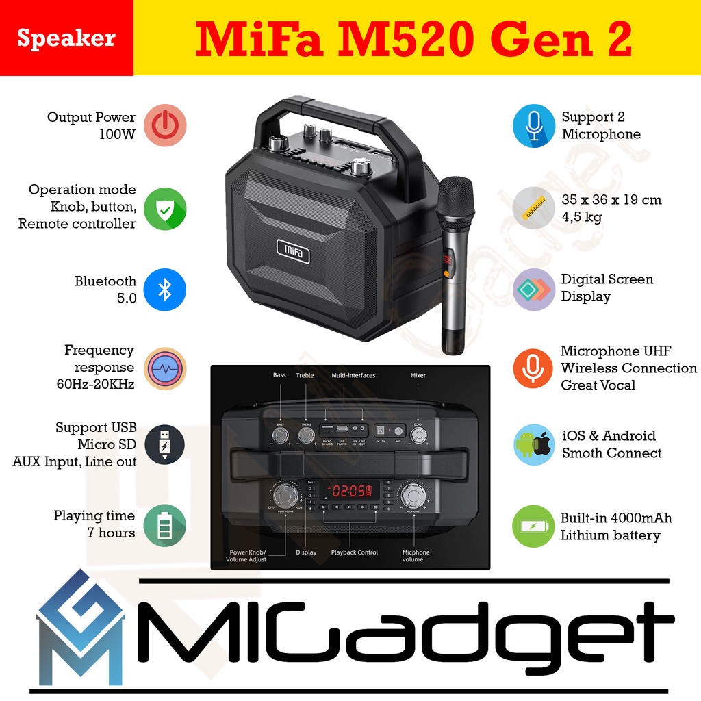 Mifa M520 Gen 2 Bluetooth Speaker with Wireless Microphone Karaoke