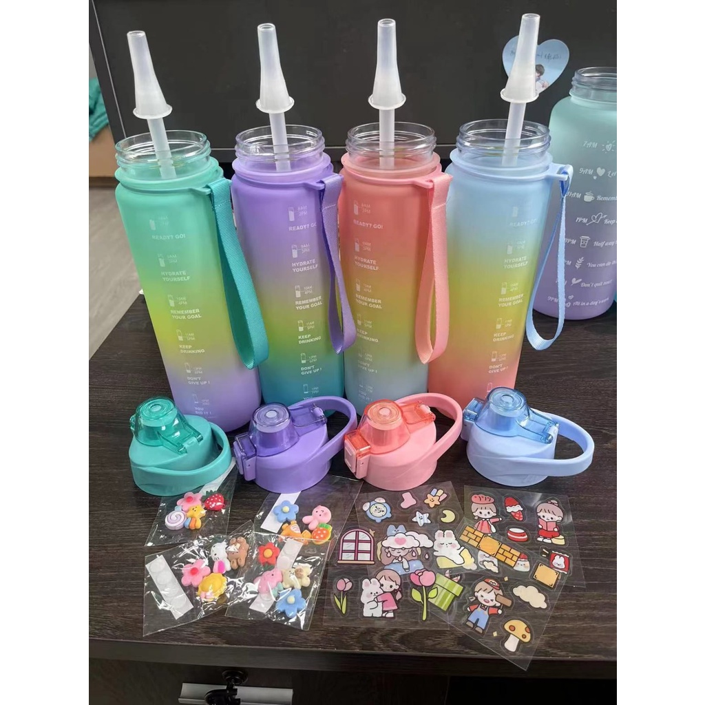 [MURAH] Botol minum 1 liter/BOTOL MINUM RAINBOW/Botol Minum viral 1 liter Gratis stiker 2D 3D dan sedotan /botol minum korea VIRAL/BOTOL MINUM MOTIVASI PADMA