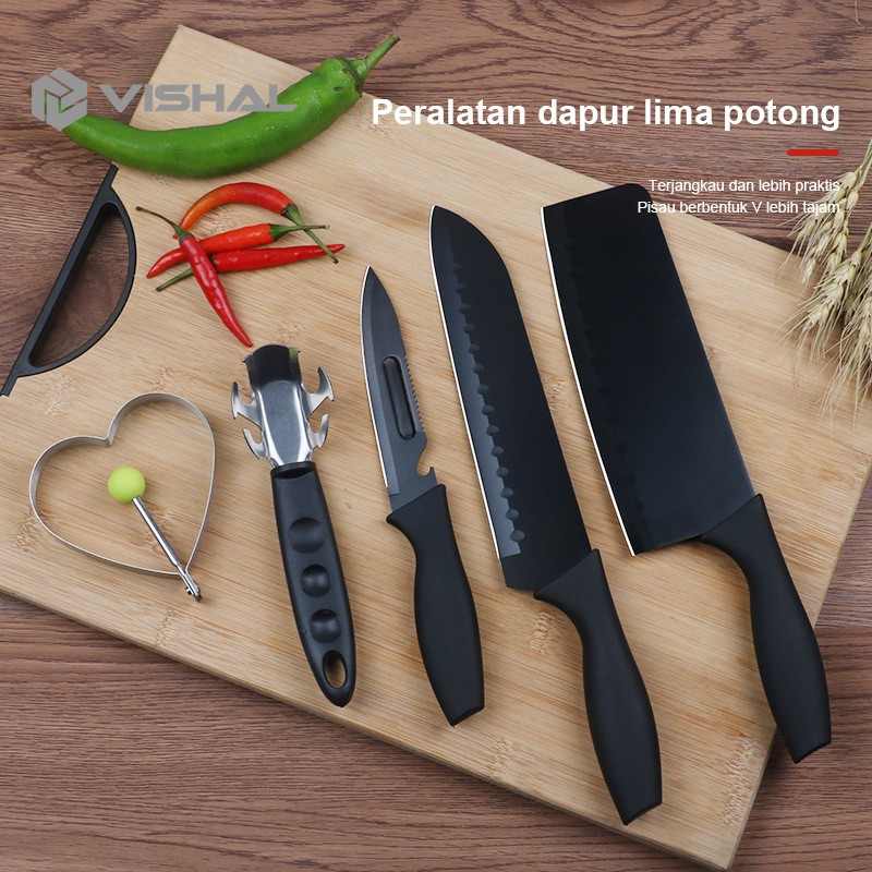 VISHAL Set Pisau Dapur isi 5pcs Hitam Pisau Set 5 pcs Black Black Kitchen Knife Set 5 Pieces VS-1811