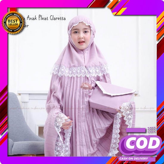 Mukena Lajuran Tanggung/Remaja Katun Putih Mukena Anak Pleat Claretta Lavender