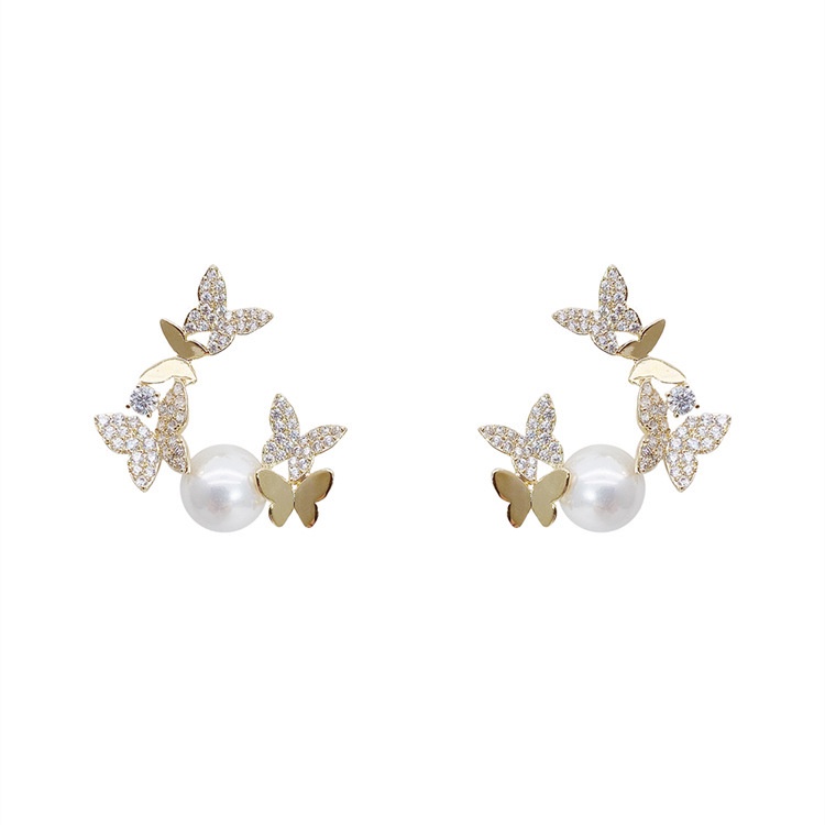 Korean Pearl Butterfly Full Rhinestone Stud Earrings for Women Fashion Elegant Earrings S925 Silver Needle