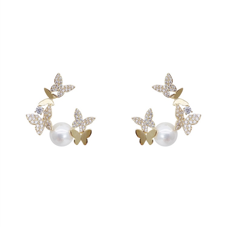 Korean Pearl Butterfly Full Rhinestone Stud Earrings for Women Fashion Elegant Earrings S925 Silver Needle