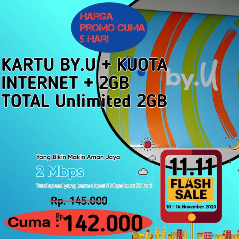 kartu perdana By.U Unlimited 1,5Mbps+2GB 30hari
