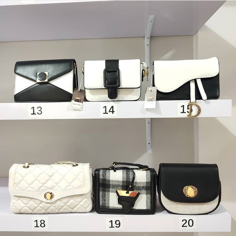 (cod)tas wanita selempang kulit pu warna hitam putih sling bag cewek tali rantai import murah