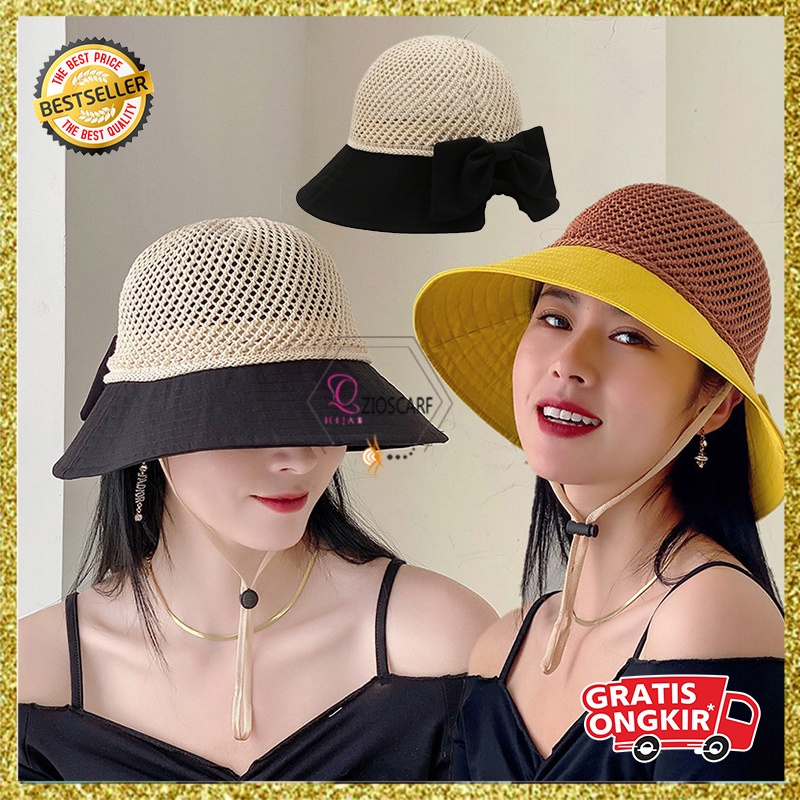 Topi Pantai Wanita Bucket Hat Korea Setengah Rajut Pita Belakang Anti UV ZX