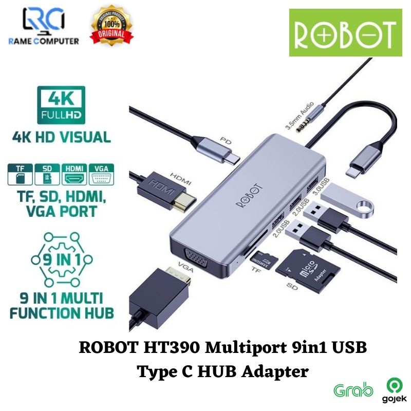 ROBOT HT390 Multiport 9in1 USB TypeC HUB Adapter Lightweight &amp;Portable