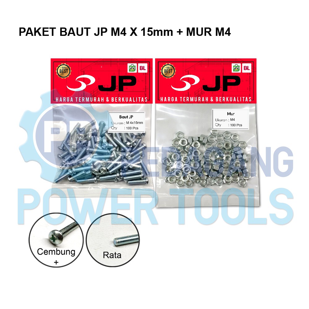 PAKET 2 SET BAUT MUR 4x15 BAUT JP M 4 x 15 MM MUR M4 SKRUP ISI 100 PCS