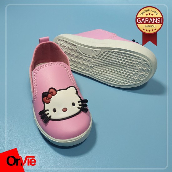 Sepatu Slip On Anak Perempuan Hitam Putih Pink Motif Kitty Karet 3D | Sepatu Anak Sekolah Onvie