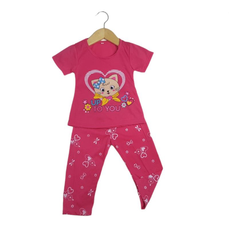 SETELAN SIKUNING PAKAIAN BAJU ANAK PEREMPUAN 2-7 TAHUN MOTIF CAT TO YOU LENGAN PENDEK CELANA PANJANG