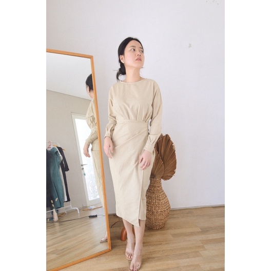 Selim Label Kayla Dress Wrap Linen Dress Wrap Linen Skirt Dress Lilit Wanita Lengan Panjang Rok Lili