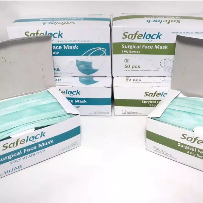 MASKER SAFELOCK EARLOOP &amp; HEADLOOP/SURGICAL FACE MASK/3 PLY ISI 50