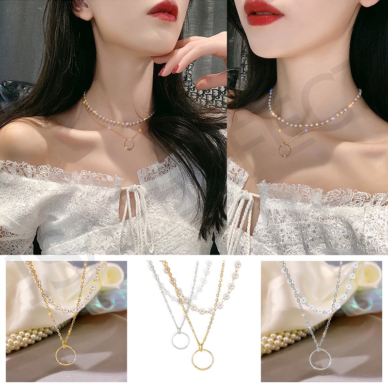 Jepang dan Korea Selatan Double Kalung Mutiara Imitasi Alami Cincin Liontin Kalung Feminin Cahaya Mewah Klavikula Rantai In Angin Kalung Fashion Perhiasan