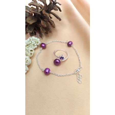 Set gelang mutiara air tawar dan cincin perak asli (mutiara warna ungu)