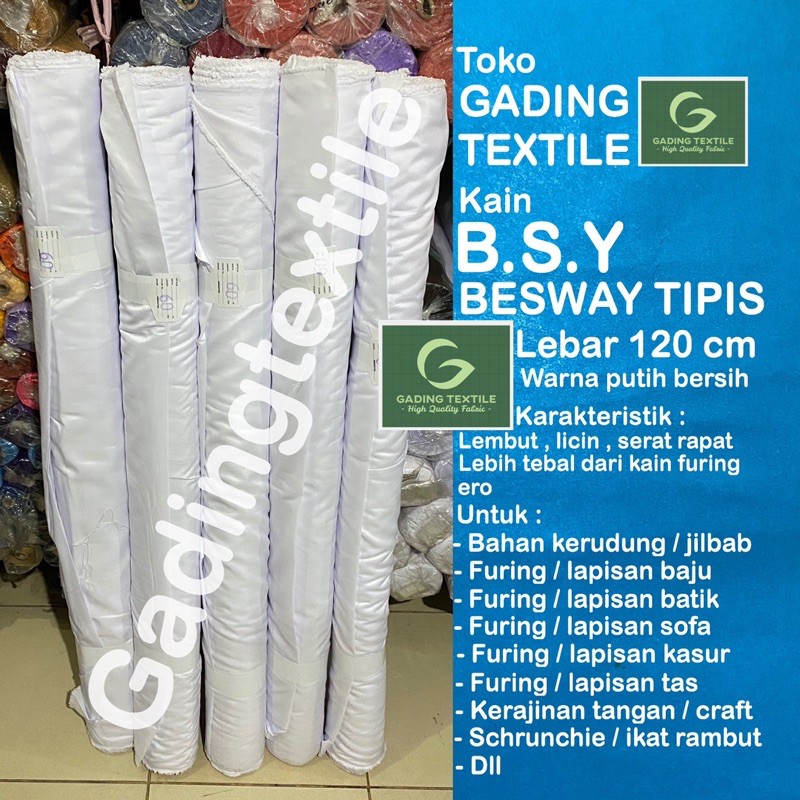 ( per setengah meter ) kain BSY BESWAY TIPIS polyester putih lebar 120 cm meteran bahan kerudung jilbab hijab seragam sekolah furing lapisan baju kemeja dress gamis koko rok celana tas pelapis hamper hampers lemes lembut printing sublime dekorasi dekor