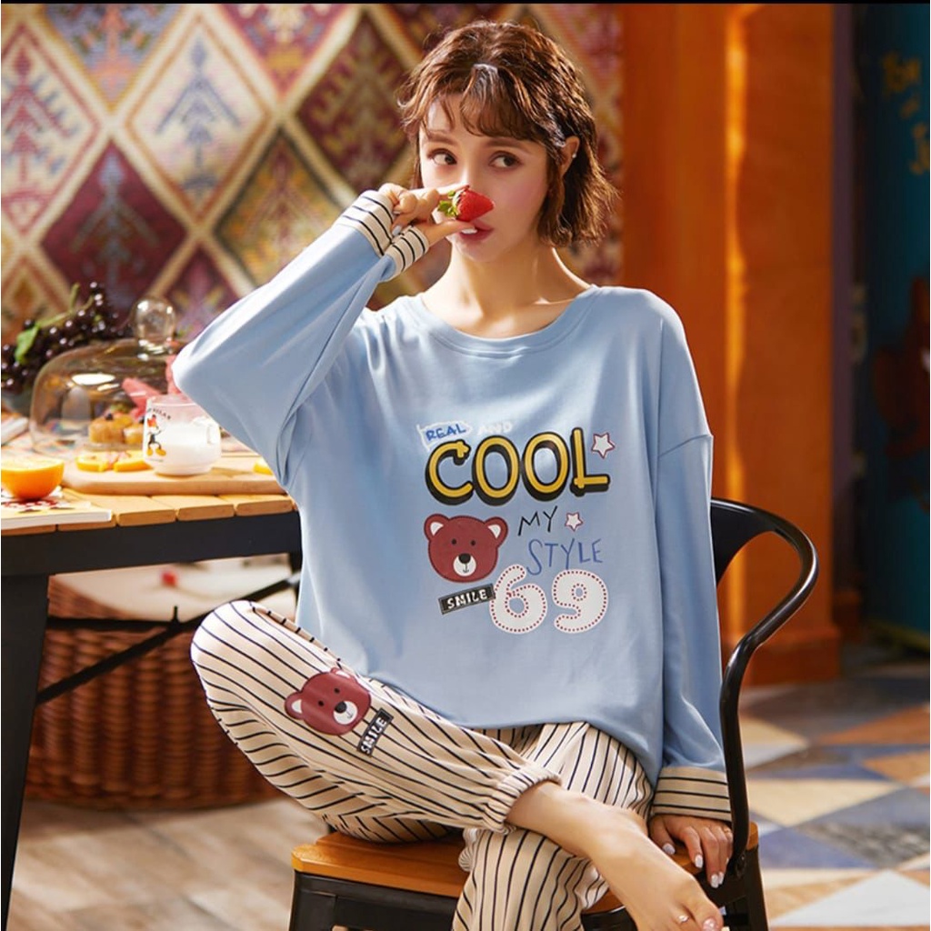 HS COD Piyama PP Kaos Premium Import Wanita / Stelan Baju Tidur Wanita Murah/ Baju tidur lengan panjang-3