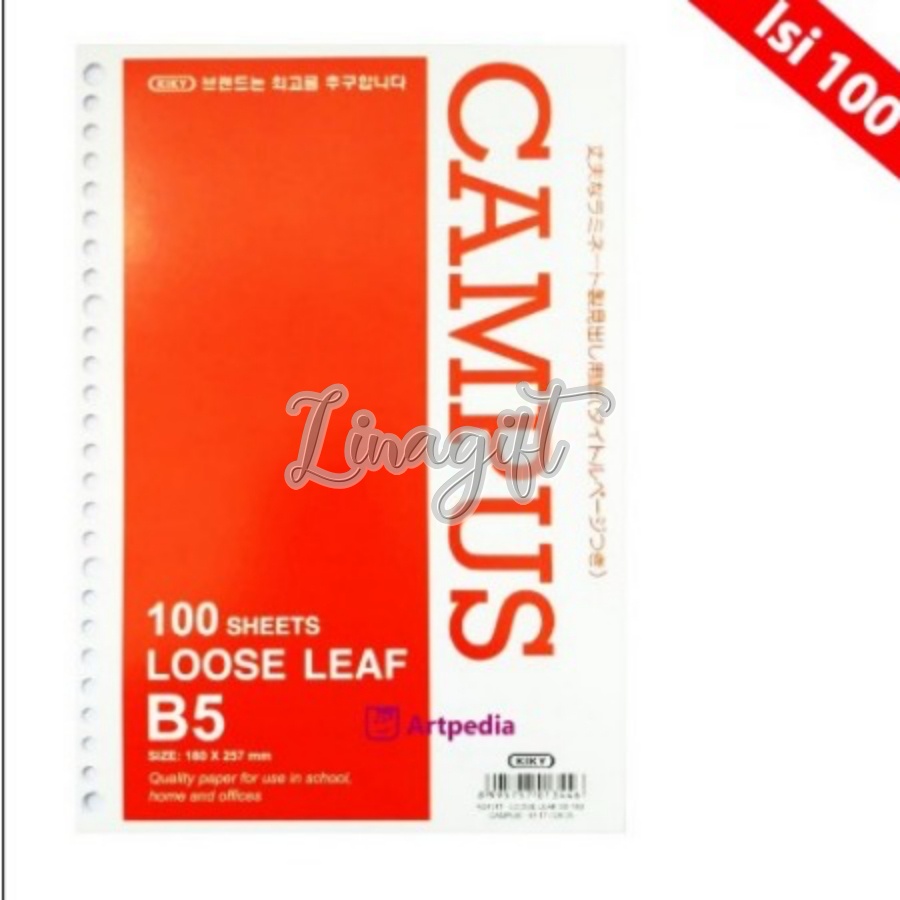 ( Pak 100 Lembar ) KIKY ISI BINDER FILE KERTAS BERGARIS REFILL LOOSELEAF A5 KWARTO / B5 BOXY PUTIH CAMPUS