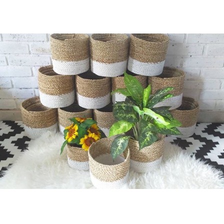 Nadastore Keranjang Anyaman isi 3 ,Cover Pot, Keranjang Seagrass (size 20,17,15) natural white