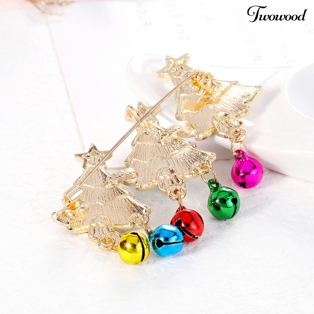 Twowood Christmas Tree Shape Brooch Pin Rhinestone Alloy Colorful Bells Pendant Enamel Pin Friends Gift