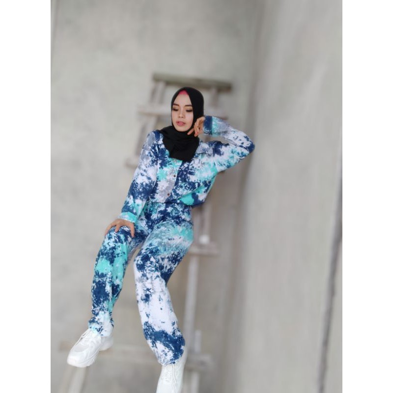 One Set kemeja tiedye lengan panjang