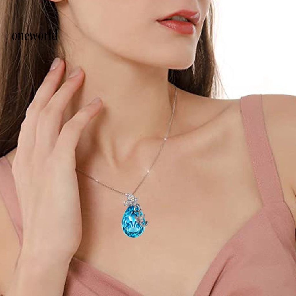 |Onwo Dress Mini Lengan Pendek Untuk Wanita| Kalung Rantai Desain Butterfly Waterdrop Aksen Kristal Imitasi Warna Biru Bahan Silver Plated Untuk Wanita