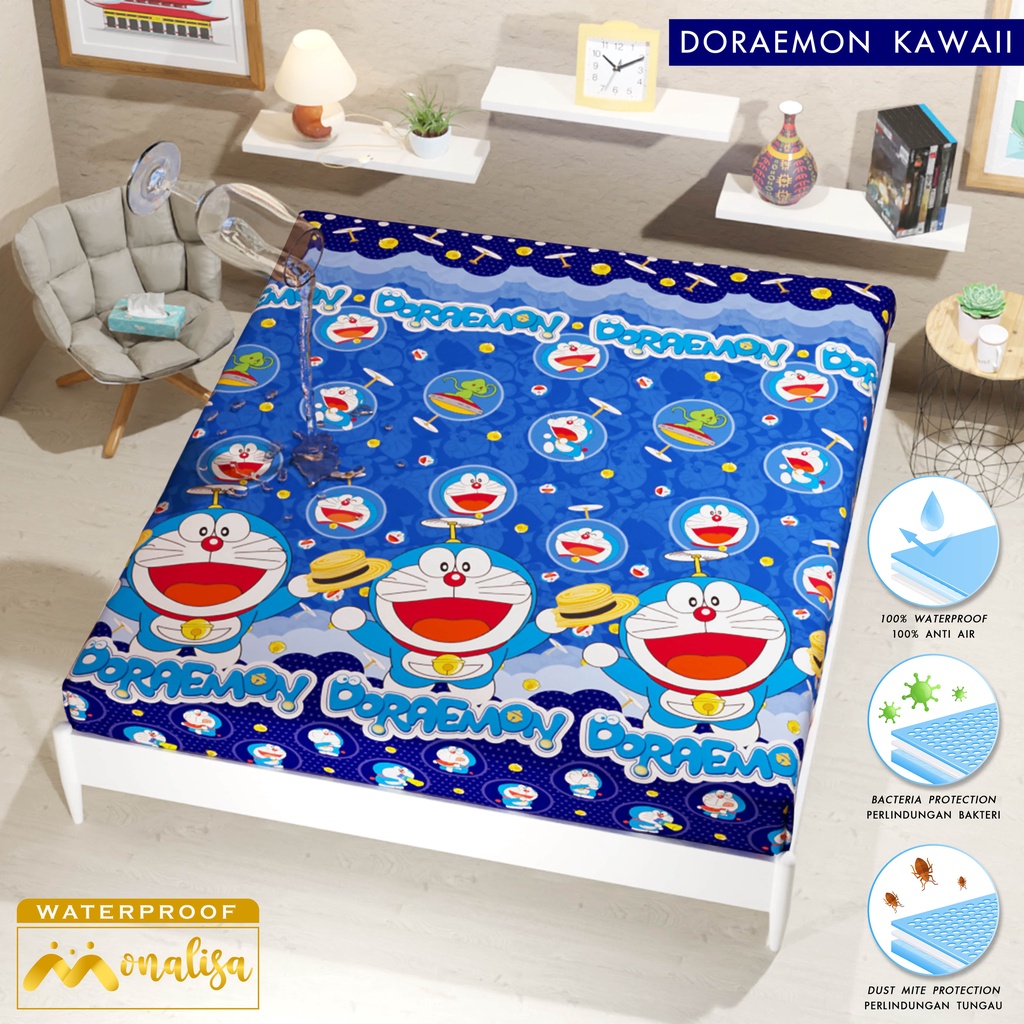 SPREI WATERPROOF MONALISA MOTIF KARAKTER UKURAN 180X200,160x200-doraemon kawaii
