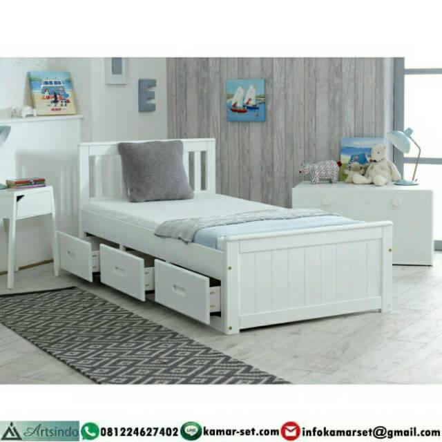 Tempat Tidur Anak Minimalis Putih 3 Laci Kasur Single