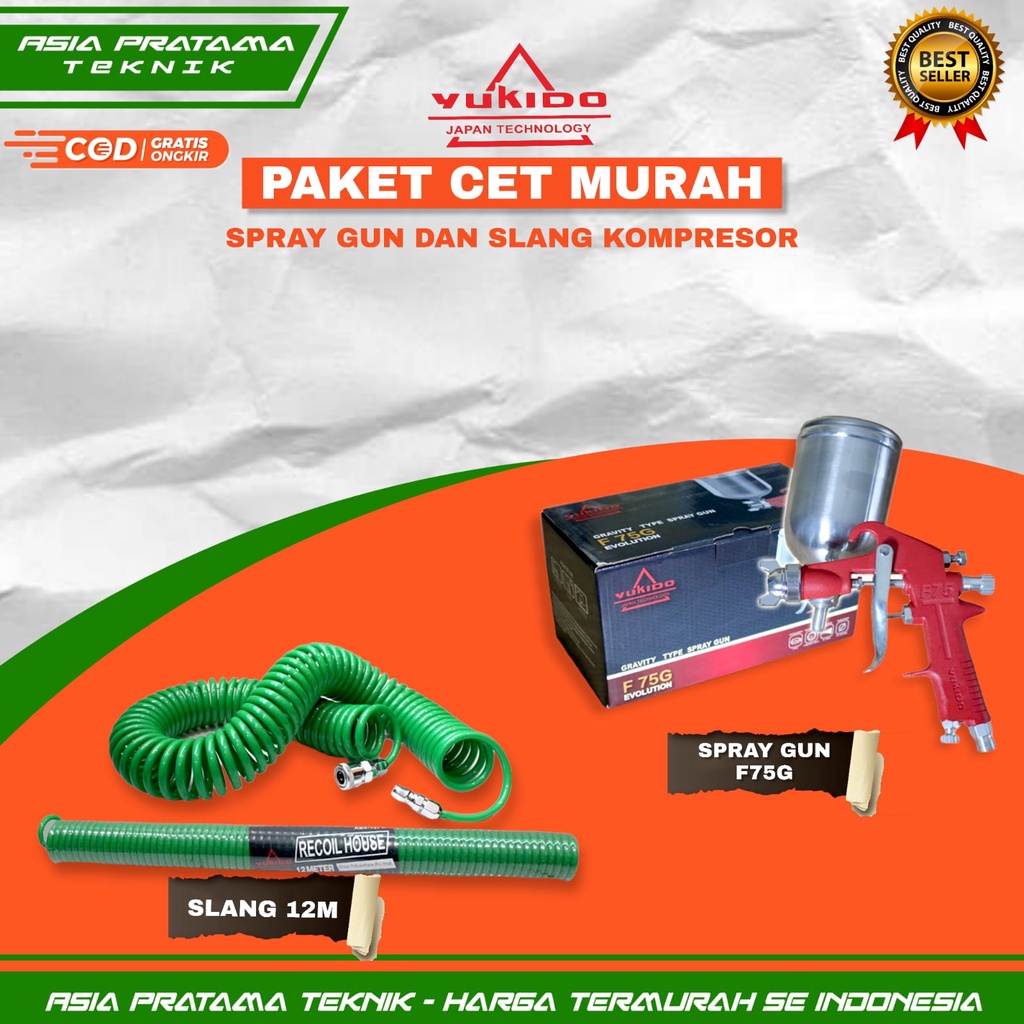 PAKET HEMAT ALAT CAT AIR BRUSH SEMPROT  Spray Gun F75G + Selang Angin YUKIDO 4,5/6/9/12 Meter - 1 Set Alat Cat Kompresor Angin