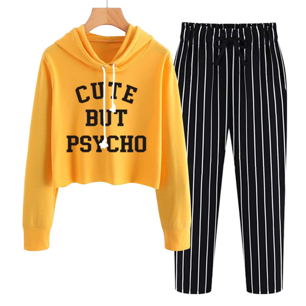 BESS - Baju Setelan Wanita Murah / Setelan Hoodie Crop + Celana Salur Hitam - CUTE BUTE PSYCHO