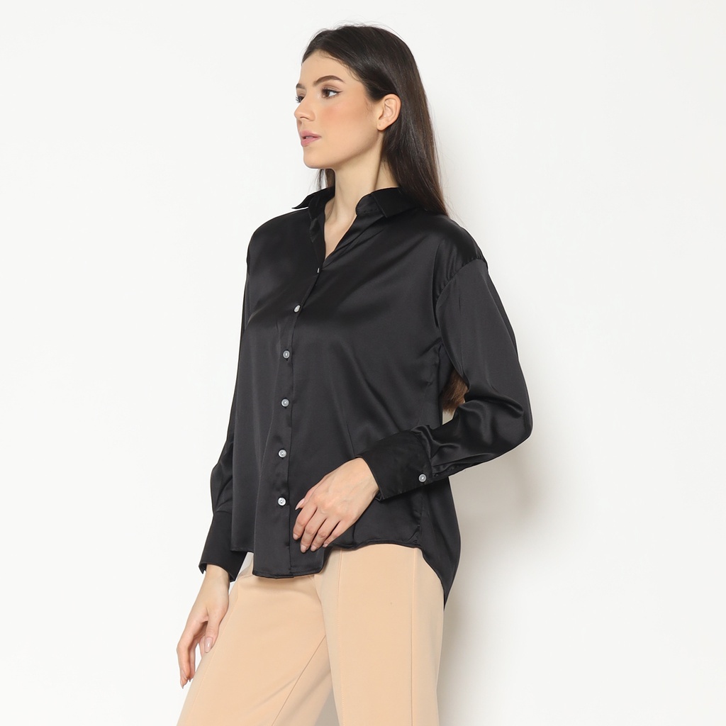 Kemeja Blouse Wanita V-Neck Silk Blouse Plain Lengan Panjang Kemeja Blouse Atasan Wanita Korean Style