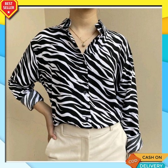 Thesa Shirt Kemeja Wanita Daily Blouse - Baju Wanita Casual Lengan Pan Kemeja Animal Zebra Lengan P