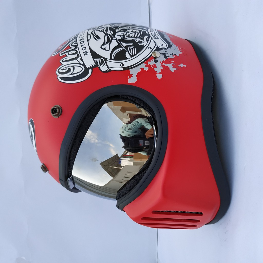 Helm Cakil HBC New Old School Red + Inner Visor ( Fullface / Retro / Klasik / Vespa )