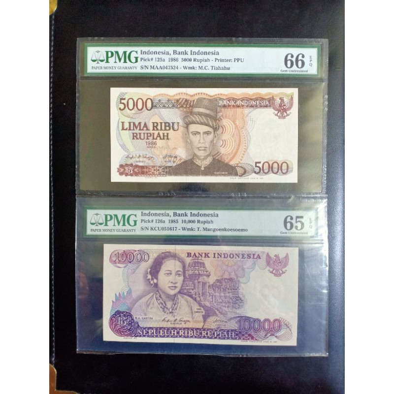 set uang kuno 5000 dan 10000 rupiah tahun 1985 dan 1986 pmg 66 dan pmg 65