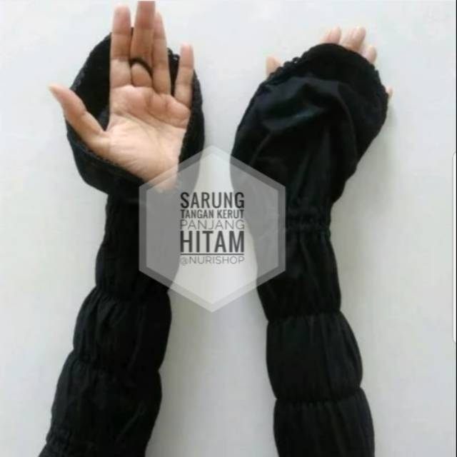 Sarung Tangan Ihrom Wanita Panjang Kerut Hitam / Perlengkapan Haji Umroh Wanita