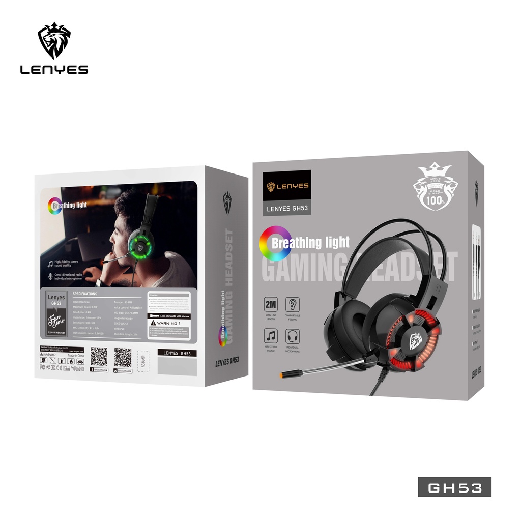 LENYES GH53 Headphone GAMING Pro Breathing Light HIFI SOUND stereo headset bando microphone original