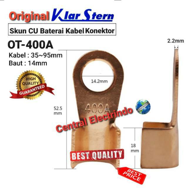 Skun Kabel CU KlarStern OT-400A Kabel 35~95mm Baut 14mm Baterai Kabel Konektor.