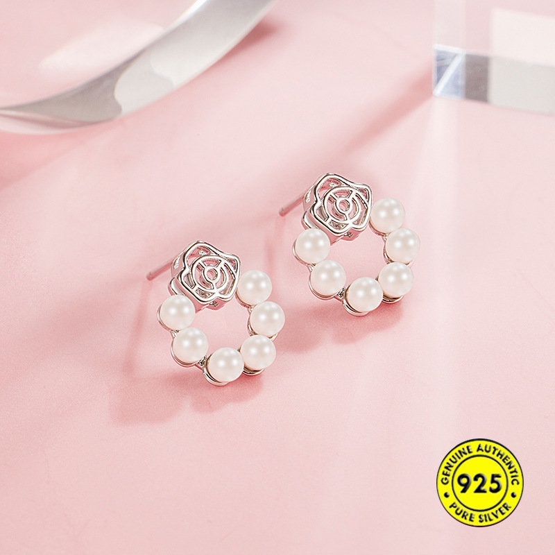 Anting Tusuk Sterling Silver 925 Model Bunga Mawar Dengan Mutiara Untuk Wanita U929