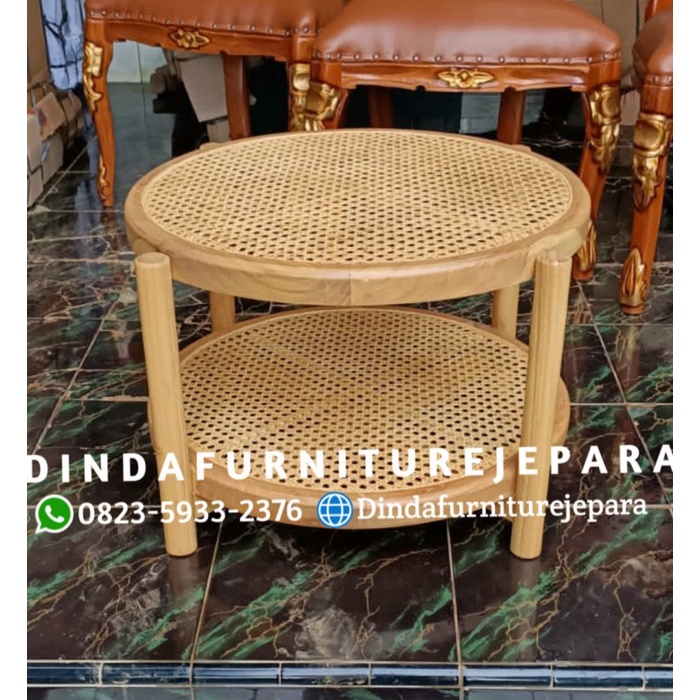 MEJA TAMU BULAT JATI X ROTAN ALAMI - MEJA KOPI BULAT ROTAN -MEJA TAMU