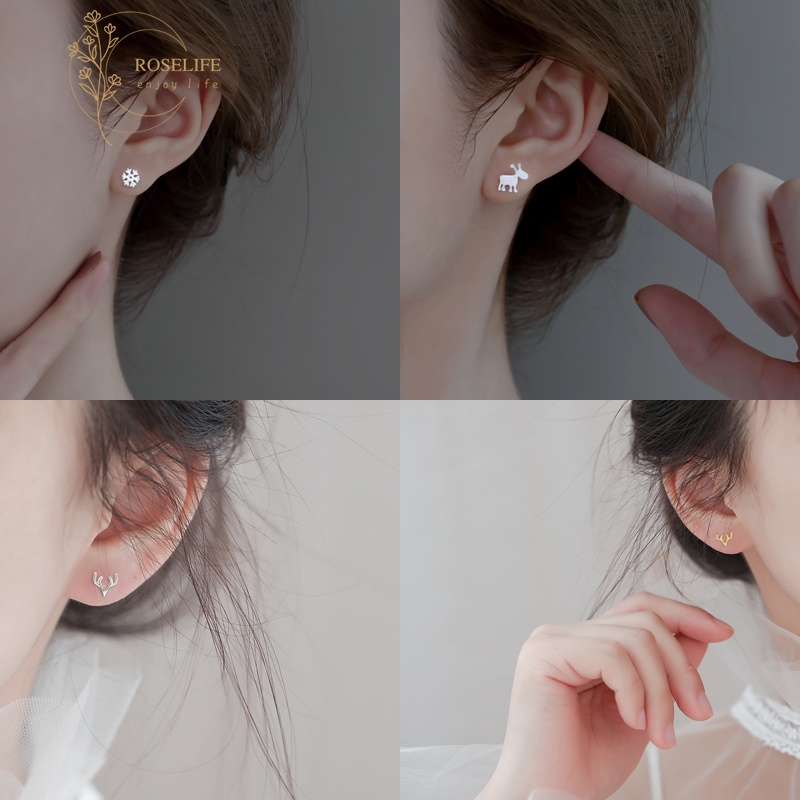 1 Pasang Anting Stud Bahan S925 Silver Desain Rusa Snowflake Natal Anti Alergi