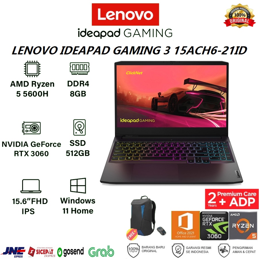 LENOVO IDEAPAD GAMING 3 15ACH6-21ID R5-5600H 8GB 512GB SSD RTX3060 6GB WIN11 OHS