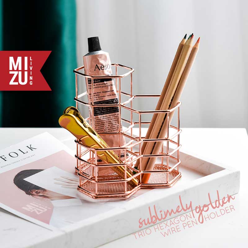 SUBLIMELY GOLDEN TRIO HEXAGON Wire Pen Holder Pencil Stationery Tempat Pensil Alat Tulis Emas