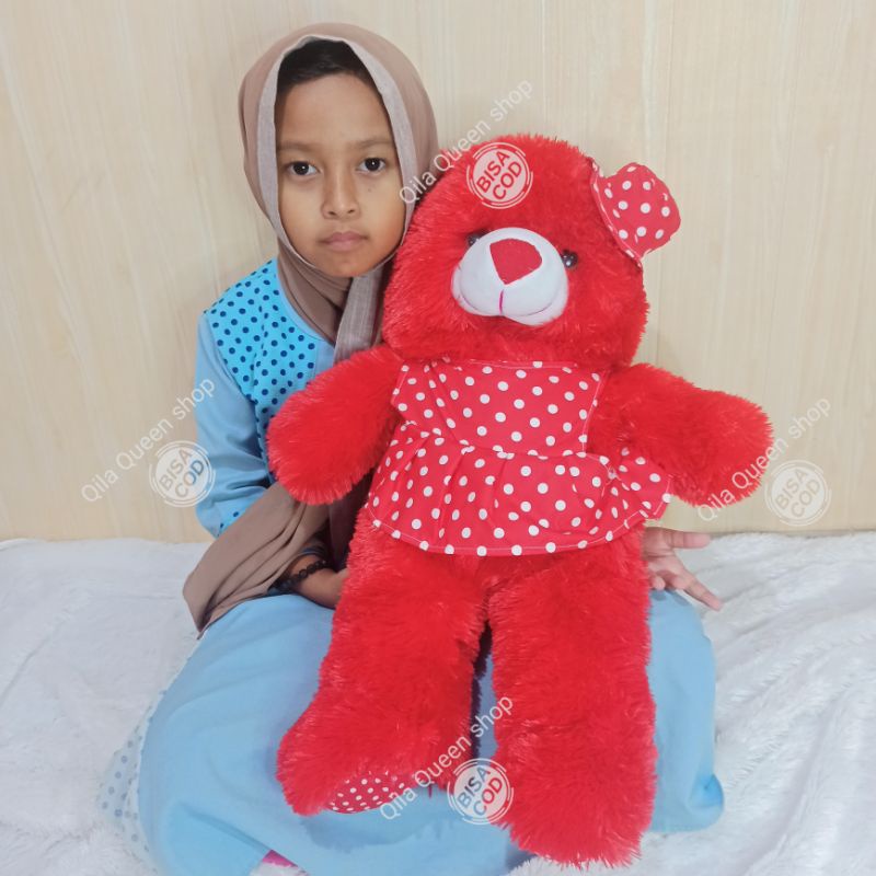 Boneka Teddy bear topi baju polkadot TANGGUNG 60cm