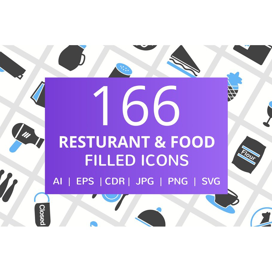 166 Restaurant Food Filled Icons - Vector Designs