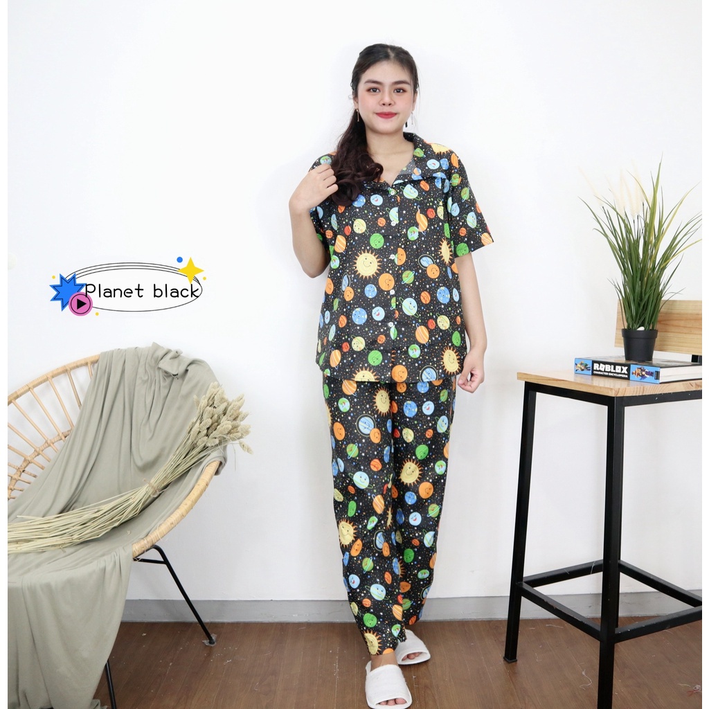 IZANY Piyama Dewasa CP size EROR saten apple-PLANET BLACK
