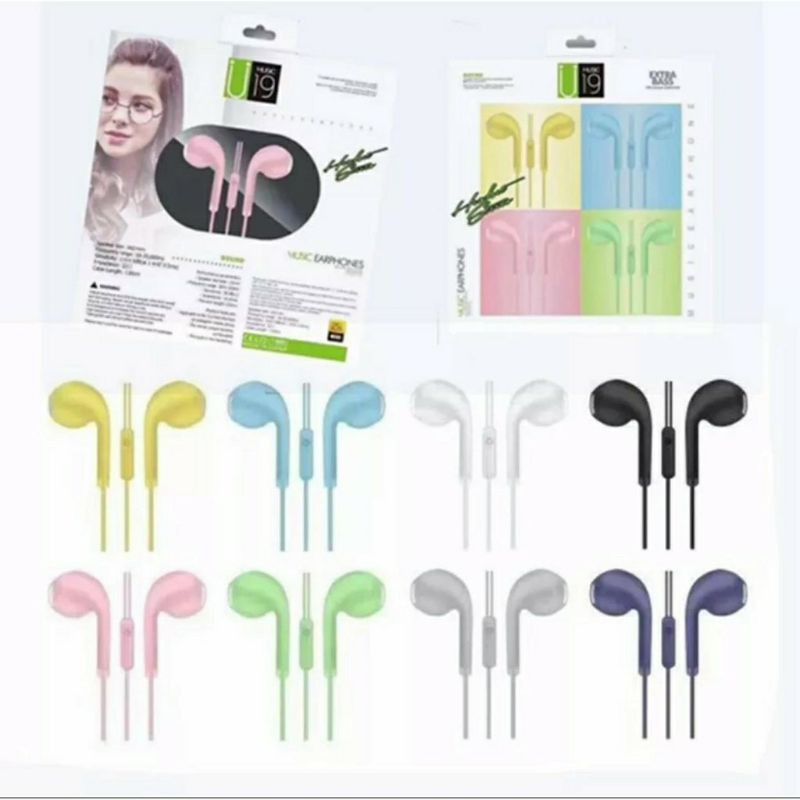 Earphone Macaron U19 stereo bass music telfon headset glossy colour dengan mic original