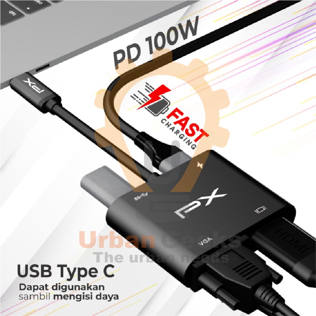 USB Hub Converter Adapter 4 in 1 4K PX UCH14B Type C 3.1 to HDMI VGA