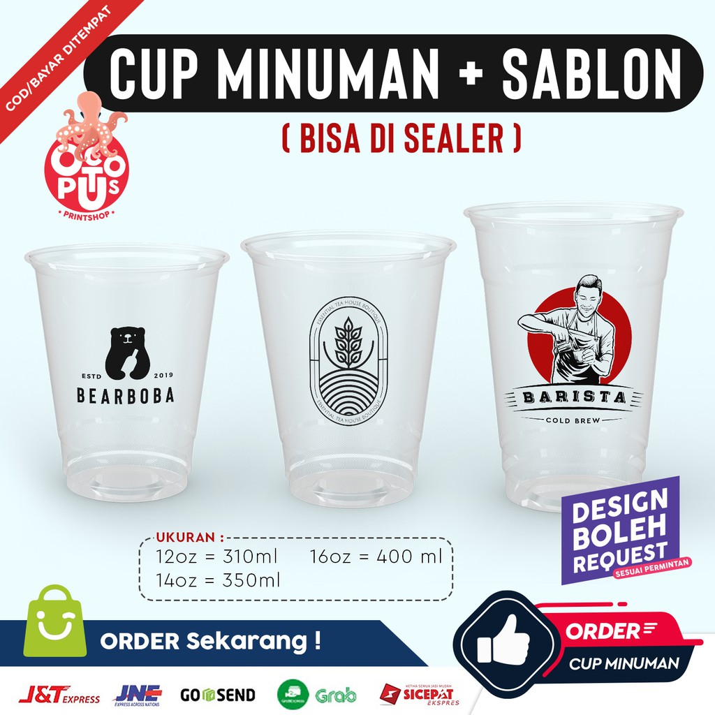 SABLON GELAS CUP PLASTIK UKURAN 12OZ 14OZ 16OZ CUSTOM LOGO 2 SISI